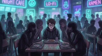 un chico triste en una mesa rodeado de personas que hablan en secreto. Ilustra el concepto distorsión cognitiva