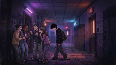 un chico con un grano en la cara camina cabizbajo mientras un grupo de chicos conversa animadamente sin prestarle atención, la imagen ilustra el efecto del foco.