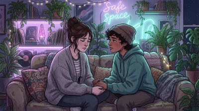 un par de chicas hablando en un sofá con las manos entrelazadas. Representa el concepto validación emocional.