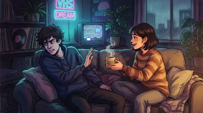 Un chico y una chica en un sofá, la chica ofrece café al chico y este la rechaza, ilustra el apego evitativo