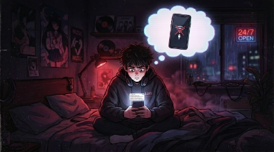 Un chico sentado sobre su cama con cara de preocupación mirando el móvil, representa el concepto apego ansioso