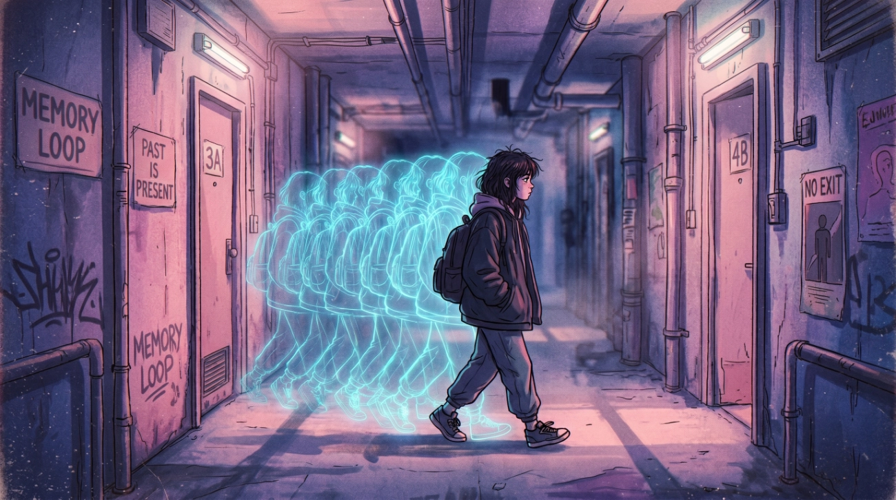 una chica camina va a entrar en un apartamento con la extraña situación de haber vivido esa escena, ilustra el deja vu