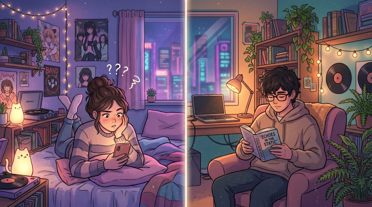 La imagen ilustra el ghosting. Una chica mira el teléfono con interrogantes sobre la cabeza mientras un chico lee tranquilamente.