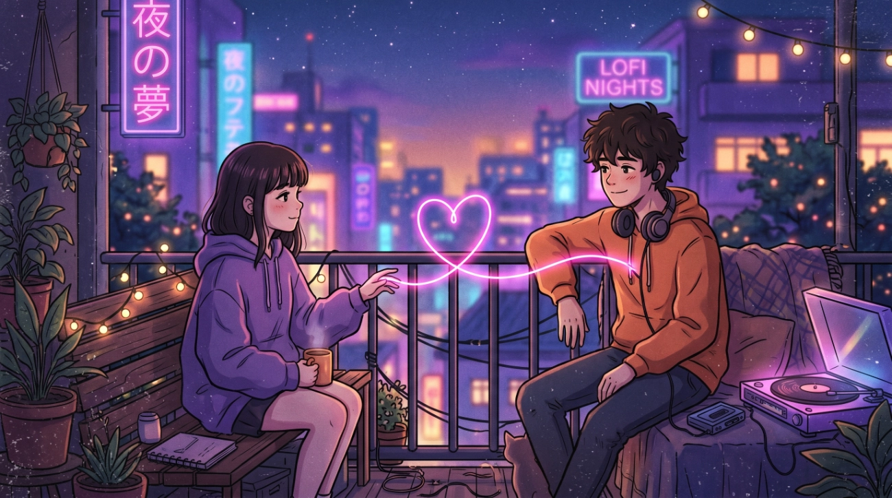 un chico y una chica en una terraza unidos por un corazón rosa artificial. Ilustra el concepto shippear