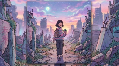 Una chica sonriente camina por una ciudad en ruinas, ejemplifica la resiliencia