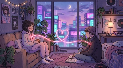 un chico y una chica en una habitación unidos por una línea que se convierte en un corazón