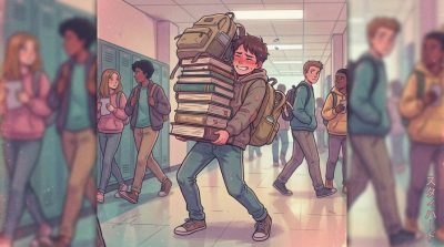 Un chico carga con los libros y la mochila de los compañeros en el instituto. Ejemplifica el concepto People pleasing