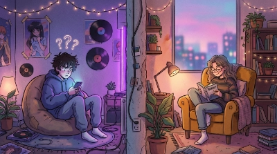 un chico en su habitación mira el móvil esperando una llamada mientras una chica en su habitación lee distraidamente. Ilustra el ghosting