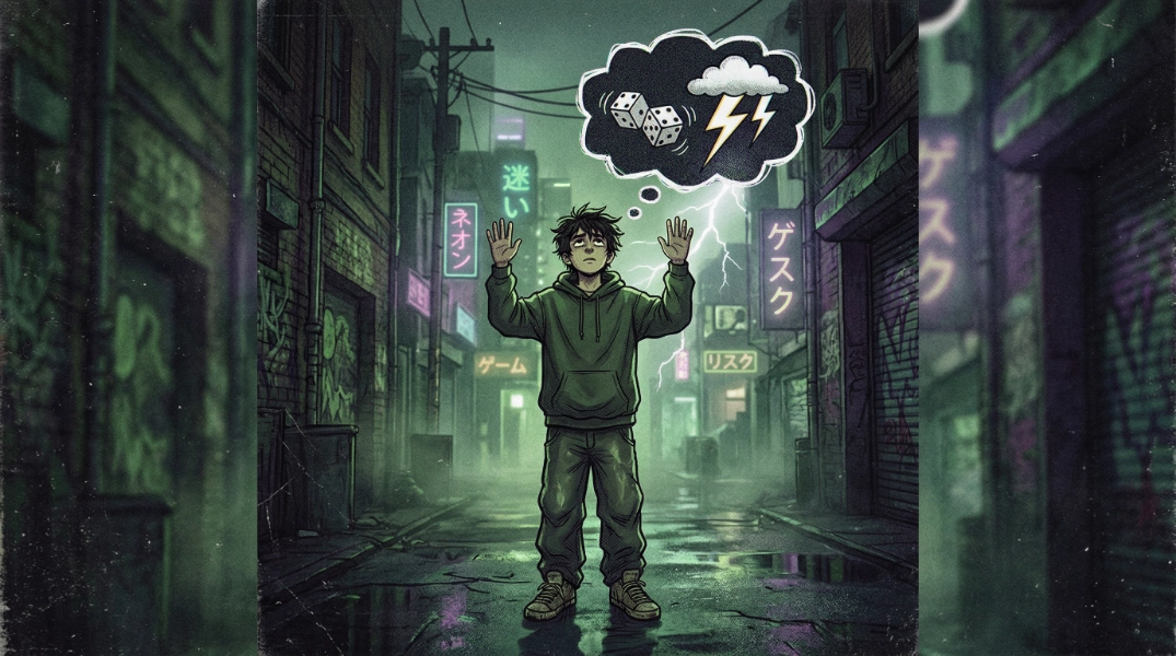 Un chico levanta las manos en señal de inocencia mientras en un globo sobre su cabeza se muestran unos dados y unos rayos. Ejemplifica el concepto locus de control externo.