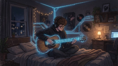 Un chico sentado sobre la cama toca la guitarra, representa el concepto neuroplasticidad