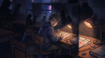 Un chico en una clase tiene delante un examen con sobresaliente pero mira desconfiado a su alrededor, la imagen ilustra el síndrome del impostor.