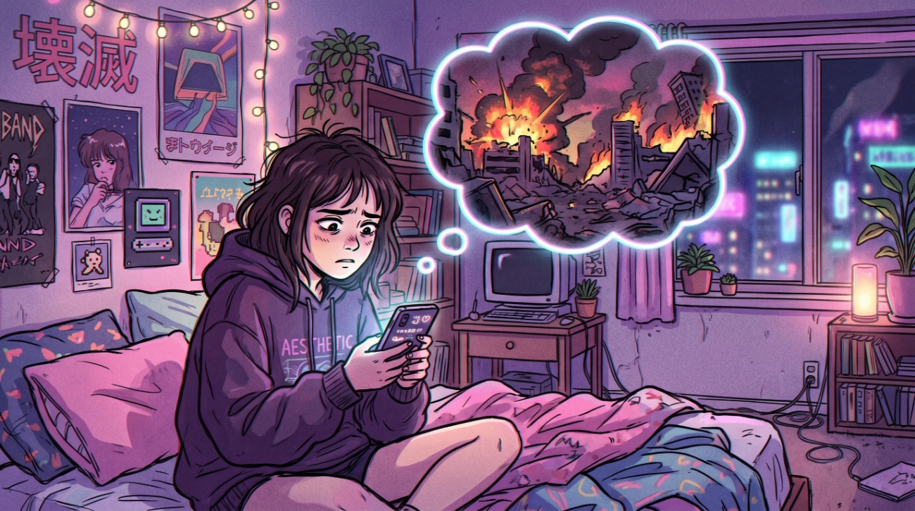 La imagen ilustra el doomscrolling, una chica mira preocupada el móvil en el que solo salen tragedias.
