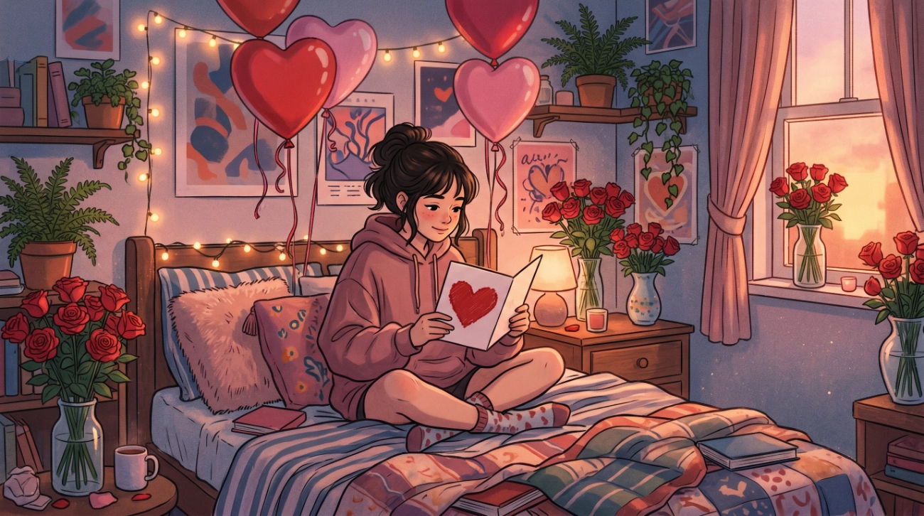 Una chica lee una carta de amor en su habitación, está rodeada de flores y globos, ilustra el love bombing