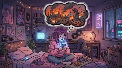 Una chica en su habitación no puede dejar de mirar imágenes catastróficas en el móvil, ilustra el concepto de doomscrolling