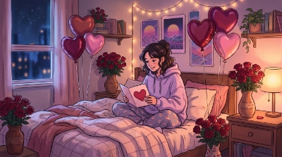 Una chica en su habitación leyendo una carta de amor rodeada de flores y globos de corazones. Ilustra el love bombing
