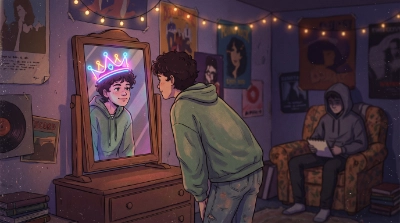 Un joven se mira al espejo, en el reflejo sobre su cabeza una corona de neón, a su lado su amigo ignorado lee un libro. Ilustra el narcisismo