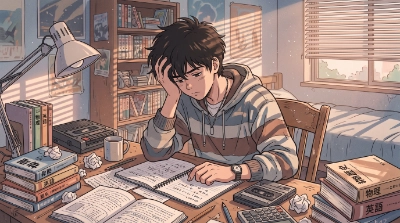 Ilustración estilo anime retro de un joven estudiante cansado frente a un escritorio lleno de apuntes, iluminado por la luz de la tarde.