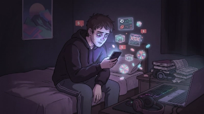 Un chico mira su teléfono inquieto en la pantalla ruletas, slots, ejemplo de juego patológico