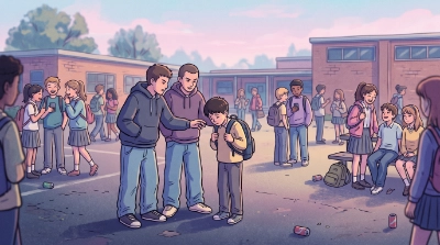 Dos chicos mayores hacen bullying o acoso escolar a un chico más pequeño en el patio